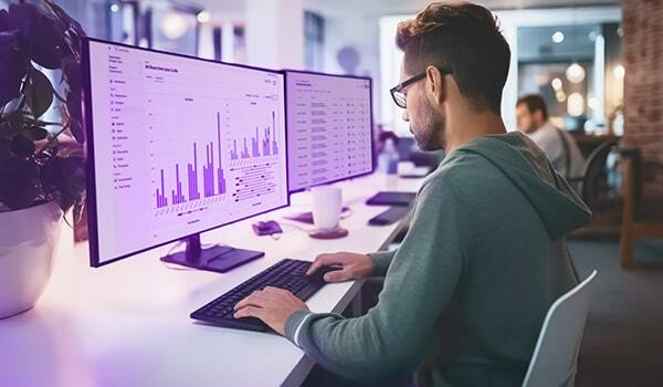 Man looking at Vertesia analytics on two screens